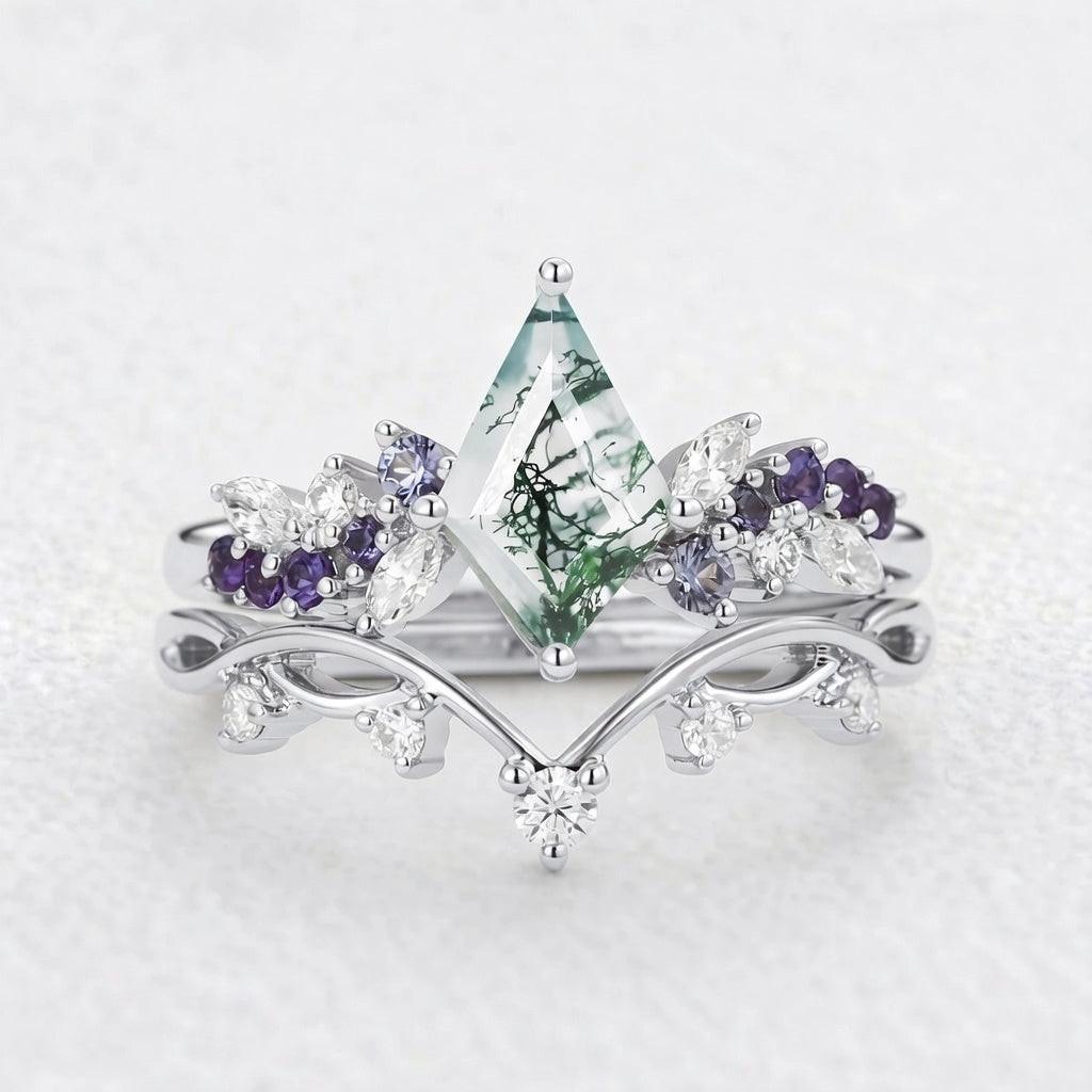 Sylvie’s Horizon | Kite Cut Moss Agate & Gradient Sapphire Bridal Set 2pcs.