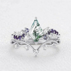 Sylvie’s Horizon | Kite Cut Moss Agate & Gradient Sapphire Bridal Set 2pcs.