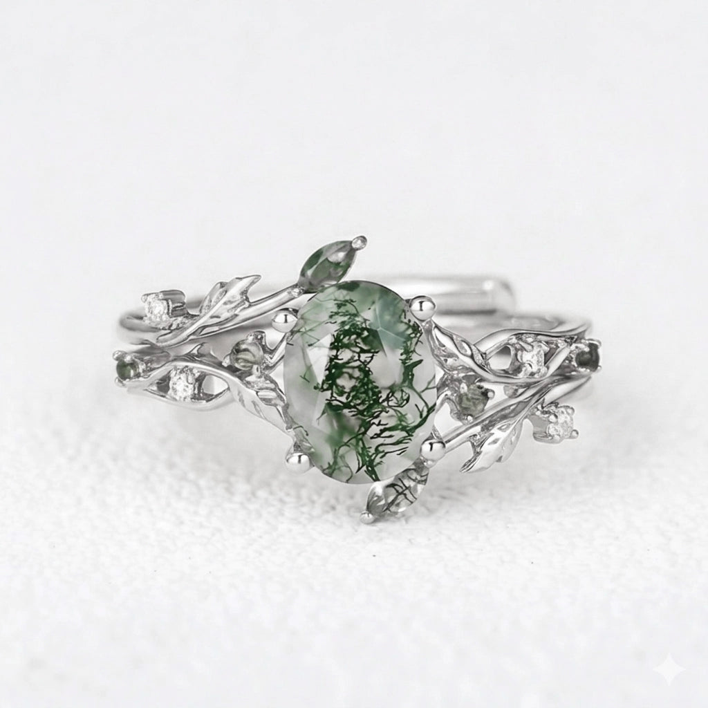 Melisande’s Tracery | Green Moss Agate Leaf Engagement Ring Set 2pcs.