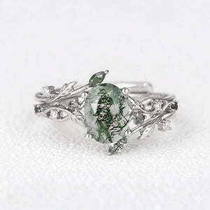 Melisande’s Tracery | Green Moss Agate Leaf Engagement Ring Set 2pcs.