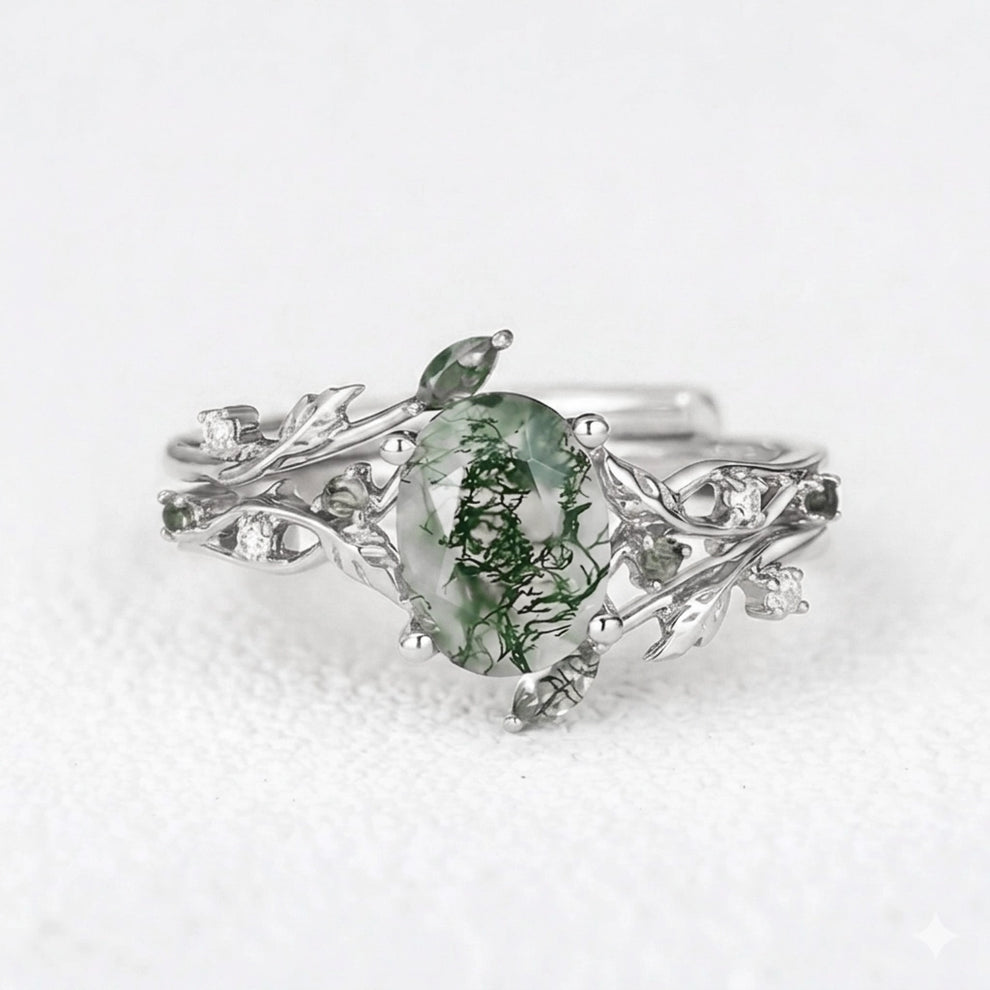 Melisande’s Tracery | Green Moss Agate Leaf Engagement Ring Set 2pcs.