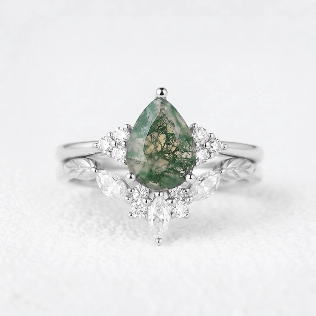 Clarissa Unique Moss Agate Engagement Ring Set 2pcs.
