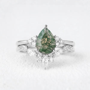 Clarissa Unique Moss Agate Engagement Ring Set 2pcs.