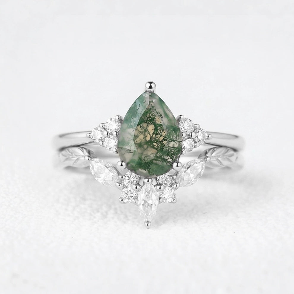 Clarissa Unique Moss Agate Engagement Ring Set 2pcs.