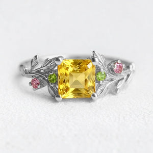 Aurora’s Radiance | Princess Cut Yellow Sapphire Leafy Engagement Ring.