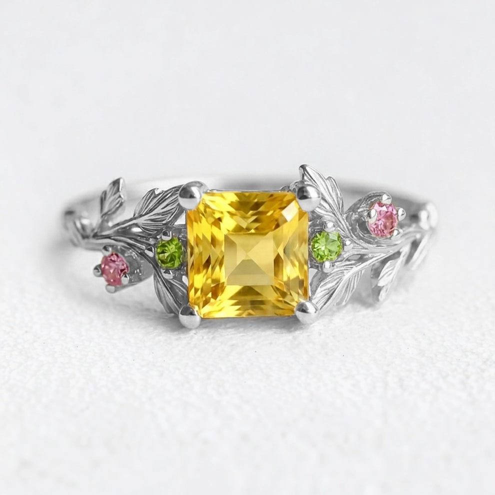 Aurora’s Radiance | Princess Cut Yellow Sapphire Leafy Engagement Ring.