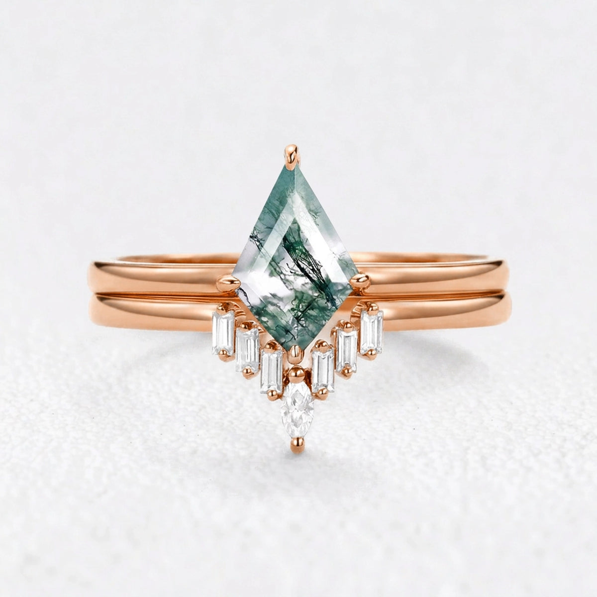 Helena’s Arbor | Kite Moss Agate with Baguette Chevron Bridal Duo