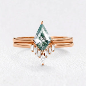 Helena’s Arbor | Kite Moss Agate with Baguette Chevron Bridal Duo