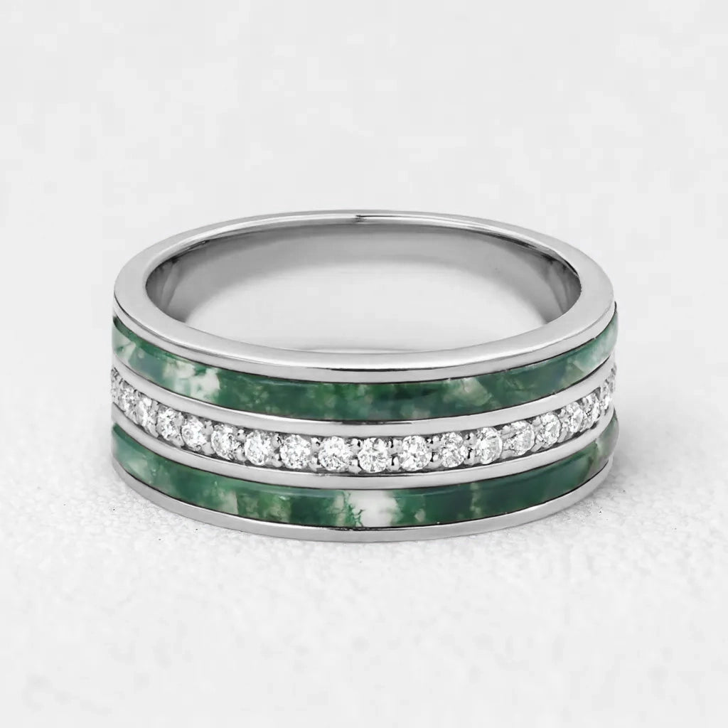 Atlas Keystone | 8MM Wide Moss Agate & Diamond Men's Wedding Band.