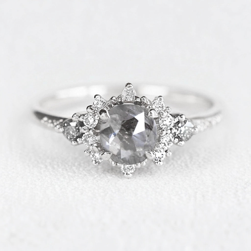 Juliet’s Jubilee | Vintage Sunflower Salt & Pepper Diamond Gold Engagement Ring.