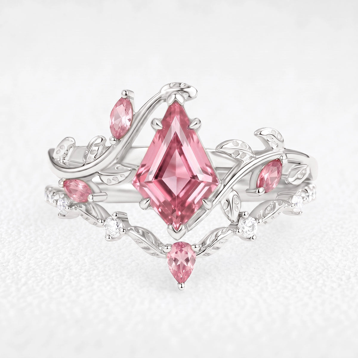 Isolde's Bloom | Kite Cut Pink Sapphire Foliage Bridal Duo