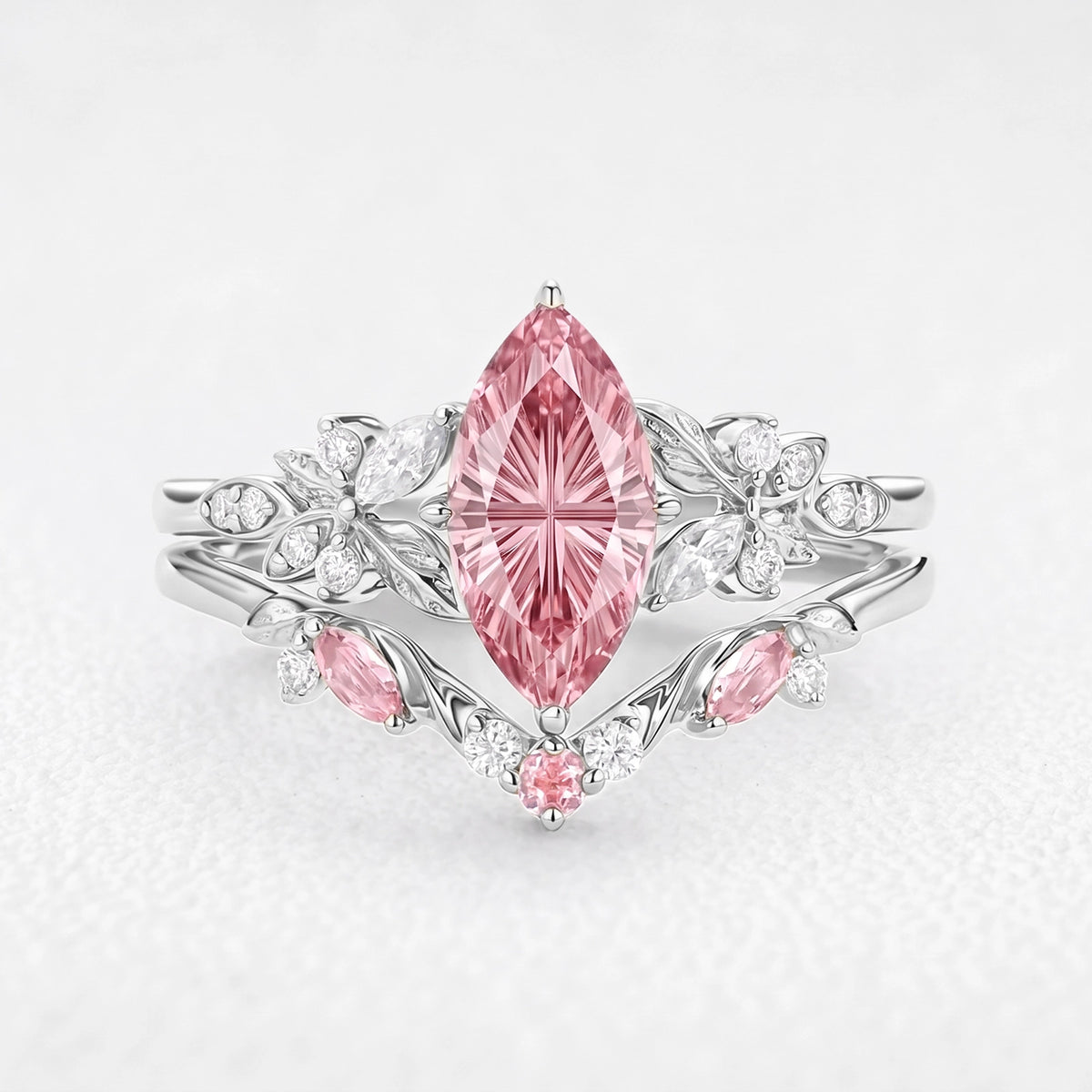 Peony’s Bloom | Fantasy-Cut Marquise Pink Sapphire Bridal Set 2pcs