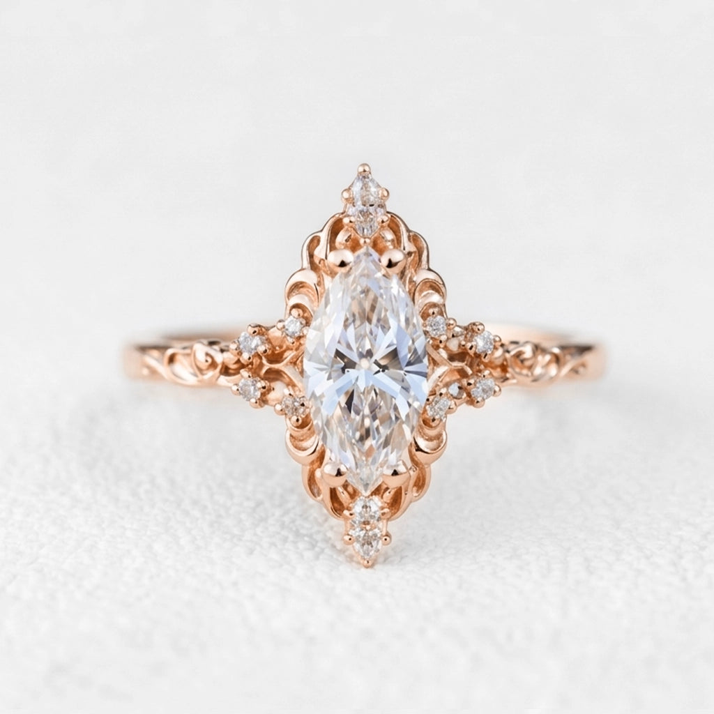 Aurora Swirl | Marquise Diamond Ring with Filigree Setting.