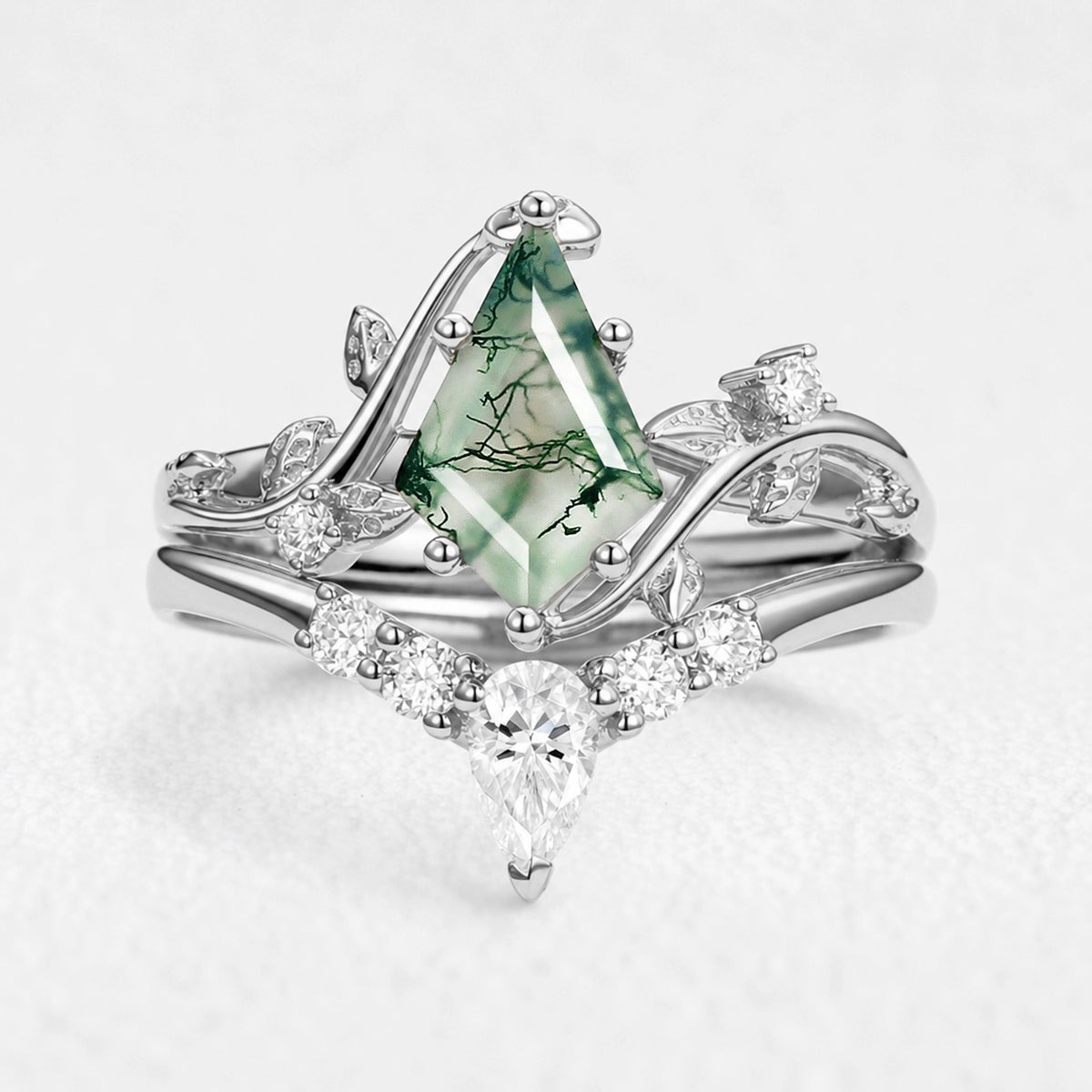 Isolde’s Hollow | Kite Cut Moss Agate Foliage Bridal Duo