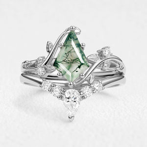 Isolde’s Hollow | Kite Cut Moss Agate Foliage Bridal Duo