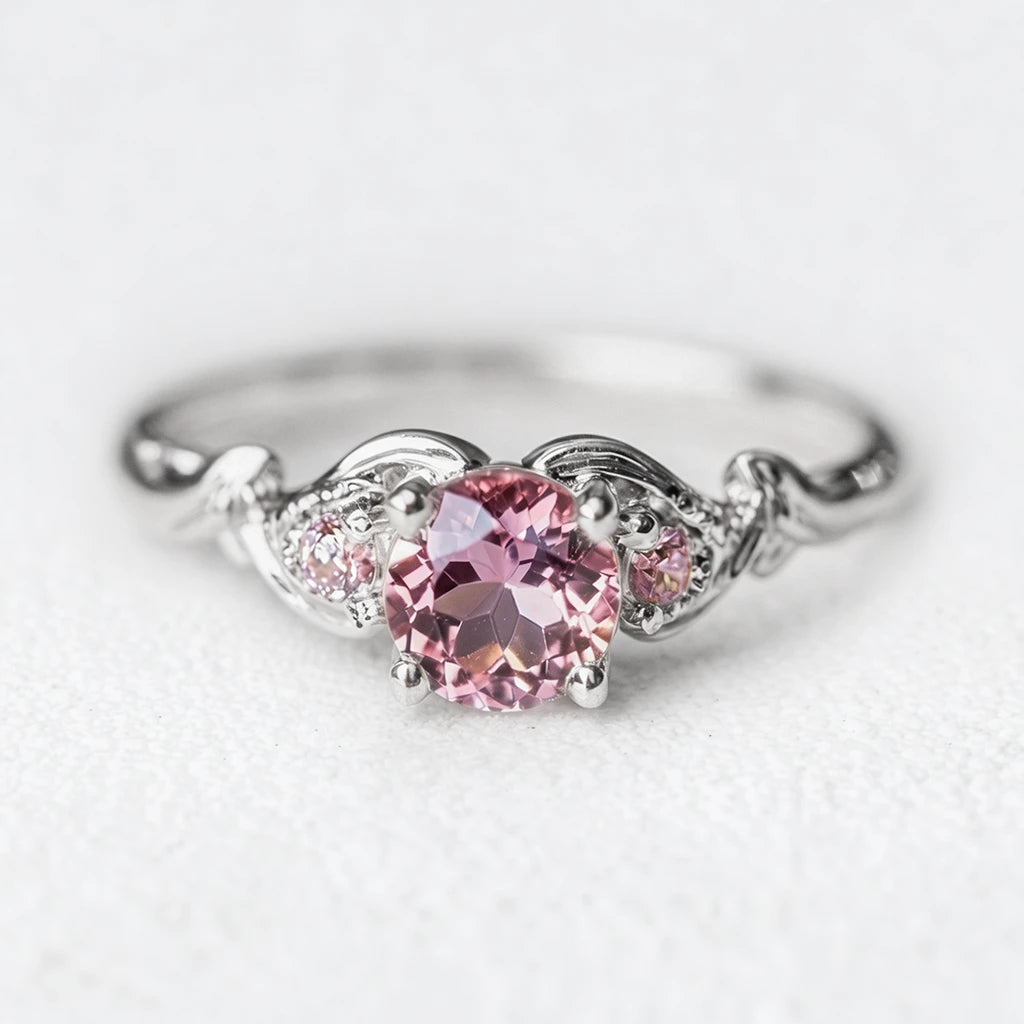 Rosalind’s Enclave | Round Pink Sapphire Foliage Engagement Ring