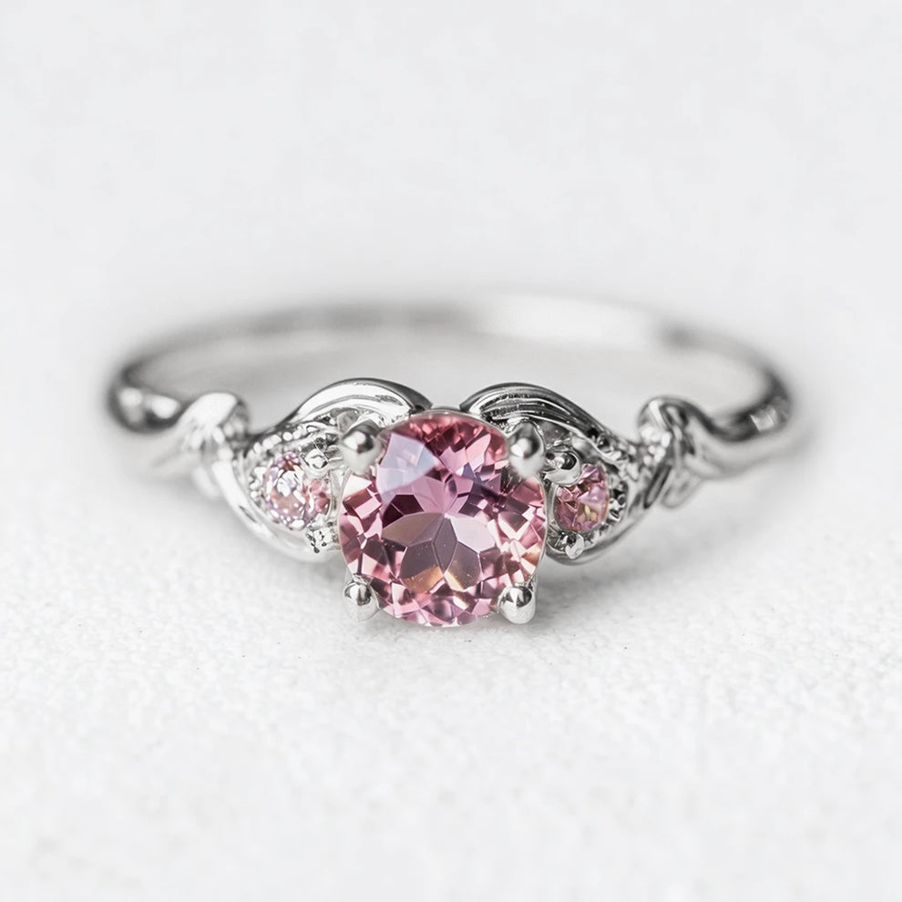 Rosalind’s Enclave | Round Pink Sapphire Foliage Engagement Ring