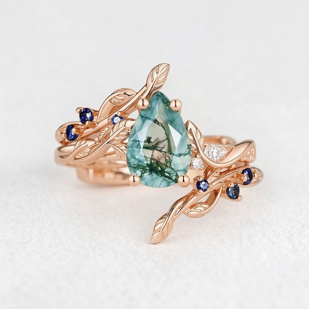 Cressida’s Companion | Moss Agate & Sapphire Engagement Enhancer Ring Set 2pcs.