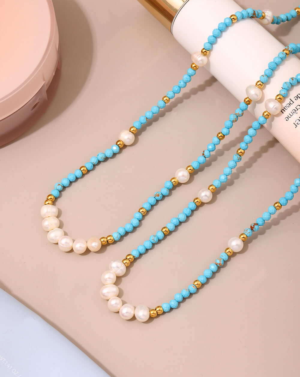 Handcrafted Boho Turquoise & Pearl Beaded necklace