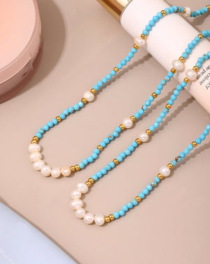 Handcrafted Boho Turquoise & Pearl Beaded necklace