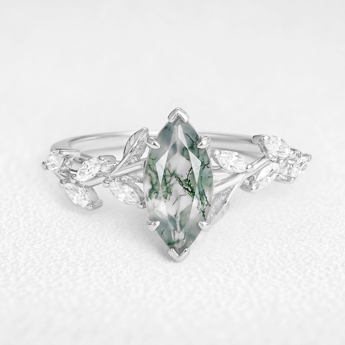 Celandine’s Tendril | Marquise Cut Moss Agate Vine Engagement Ring