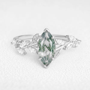Celandine’s Tendril | Marquise Cut Moss Agate Vine Engagement Ring