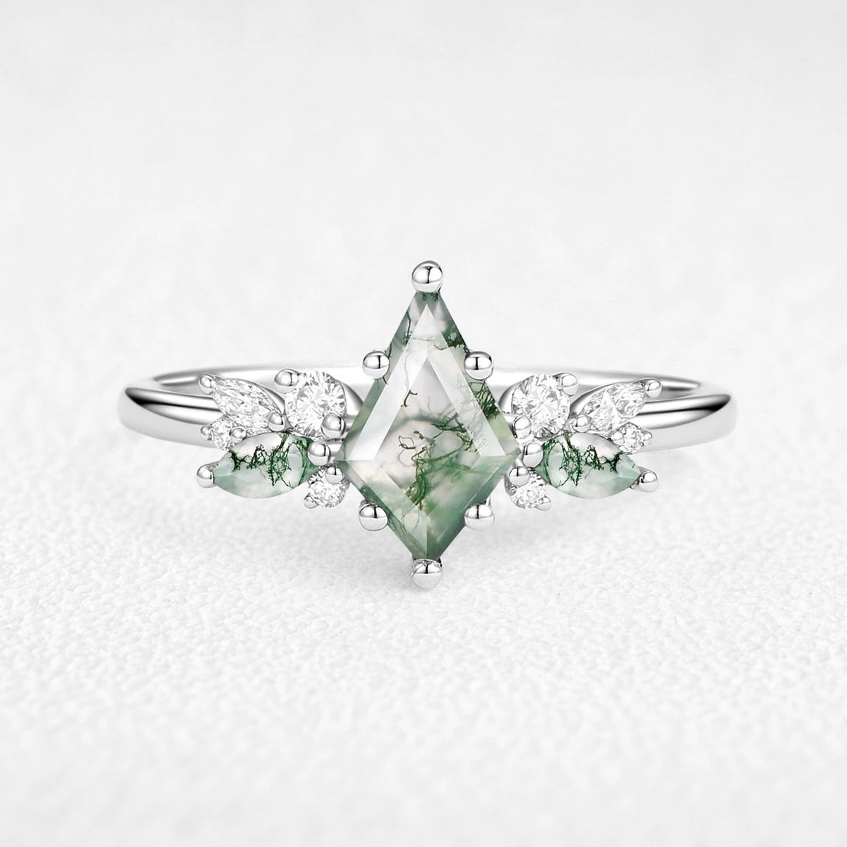 Lavinia’s Sprig | Classic Kite Cut Moss Agate Engagement Ring