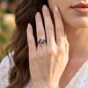 Linnea’s Umbra | Kite Cut Moss Agate Foliage Black Gold Bridal Duo