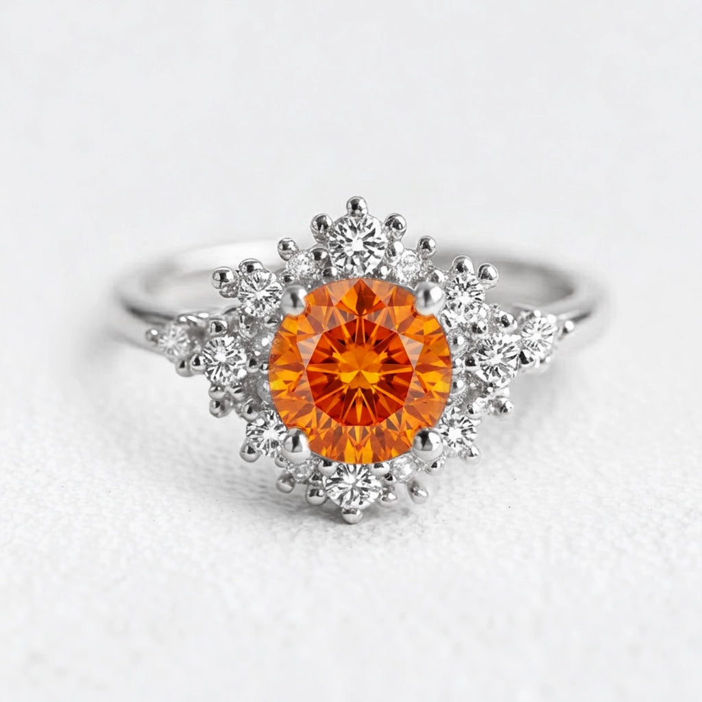 Vivienne’s Amber | Round Cut Orange Sapphire Halo Engagement Ring