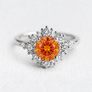 Vivienne’s Amber | Round Cut Orange Sapphire Halo Engagement Ring