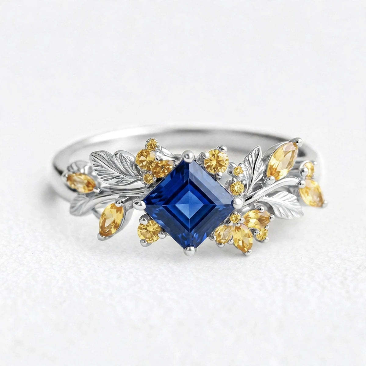 Seraphine’s Bloom | Princess Cut Sapphire with Citrine Floral Engagement Ring