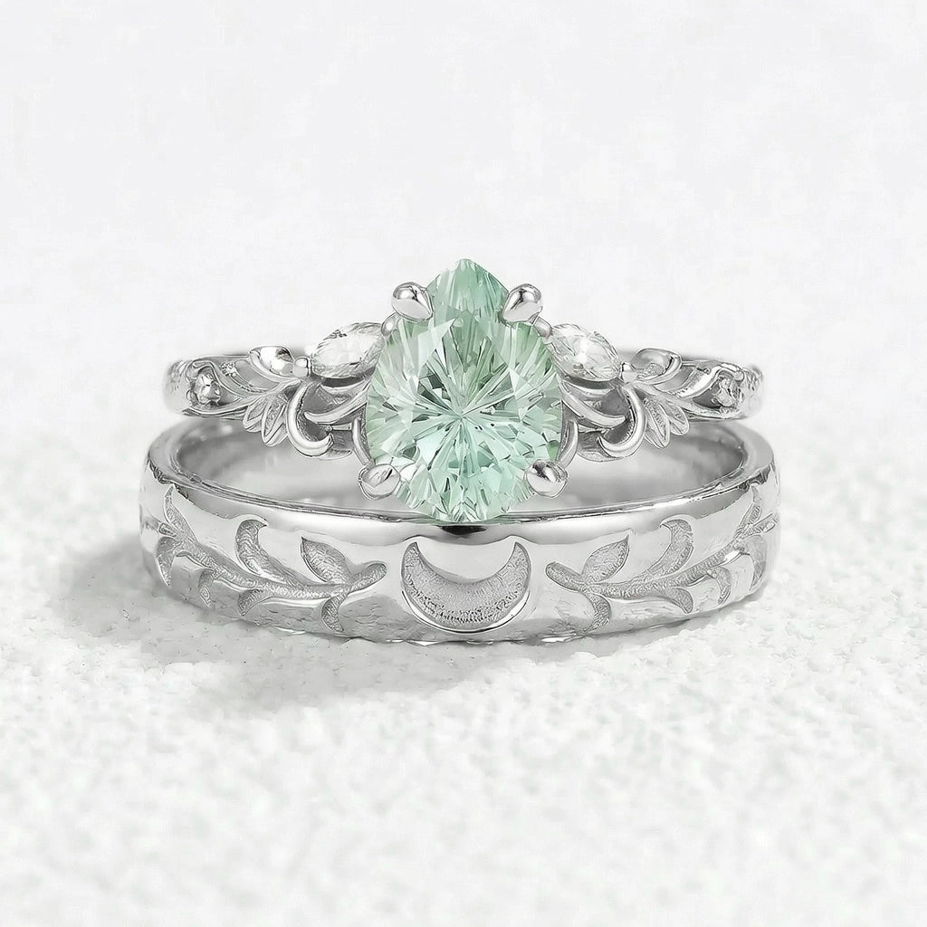 Selene’s Grove | Pear Green Sapphire & Moon Phase Couple Ring Set.