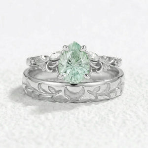 Selene’s Grove | Pear Green Sapphire & Moon Phase Couple Ring Set.
