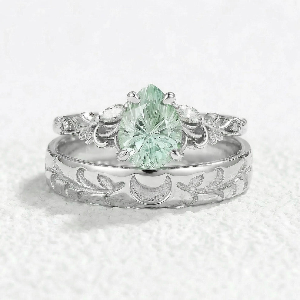 Selene’s Grove | Pear Green Sapphire & Moon Phase Couple Ring Set.