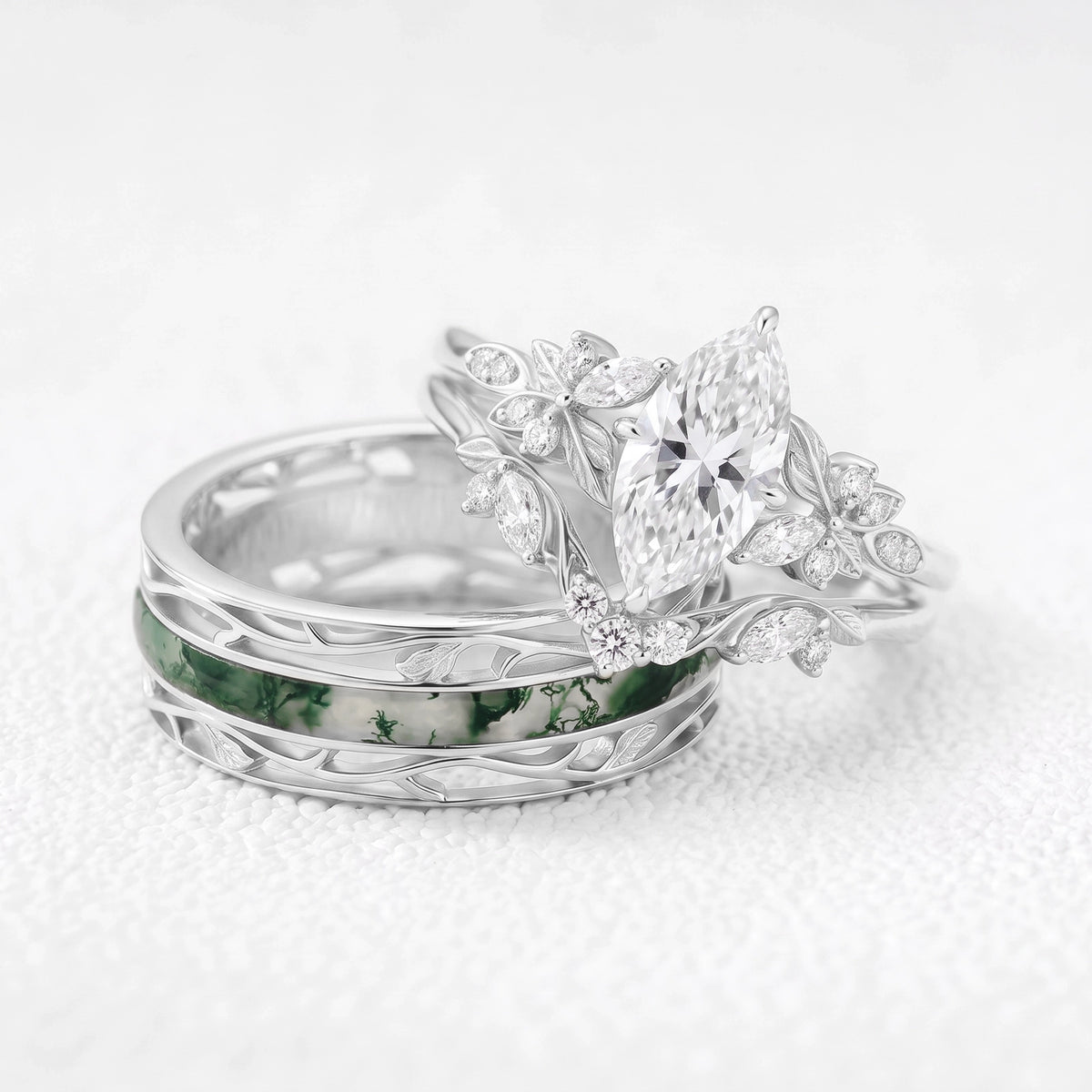 Seraphina‘s Aureole | 1CT Marquise Diamond Chevron & Moss Agate Inlay Band Couple Set Trio