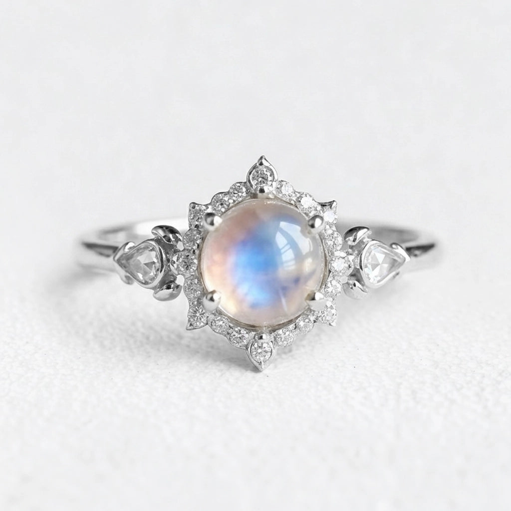 Lunar Cabochon Halo Ring – Vintage Moonstone & Diamond Engagement Ring.