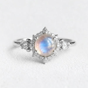 Lunar Cabochon Halo Ring – Vintage Moonstone & Diamond Engagement Ring.