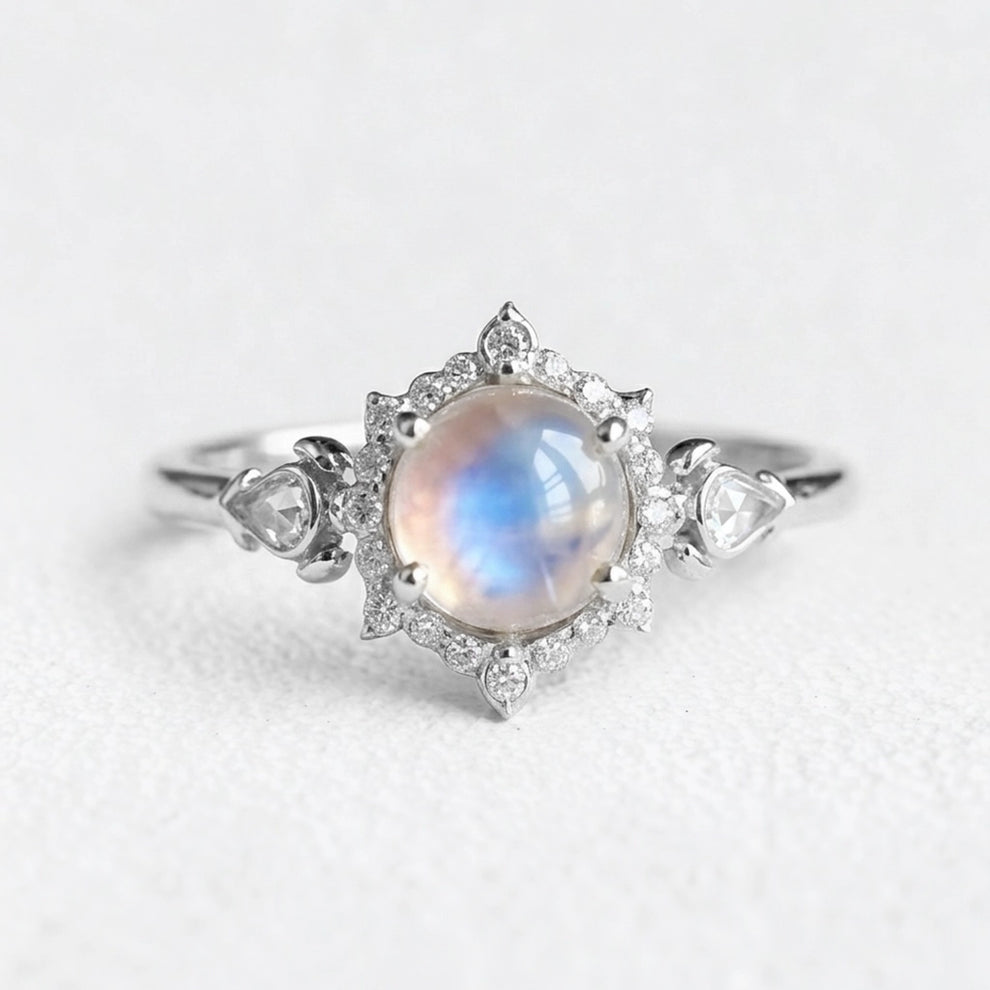 Lunar Cabochon Halo Ring – Vintage Moonstone & Diamond Engagement Ring.