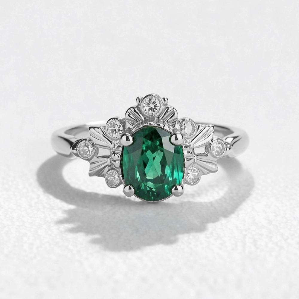 Isolde’s Willow | Vintage Oval Natural Emerald Engagement Ring.