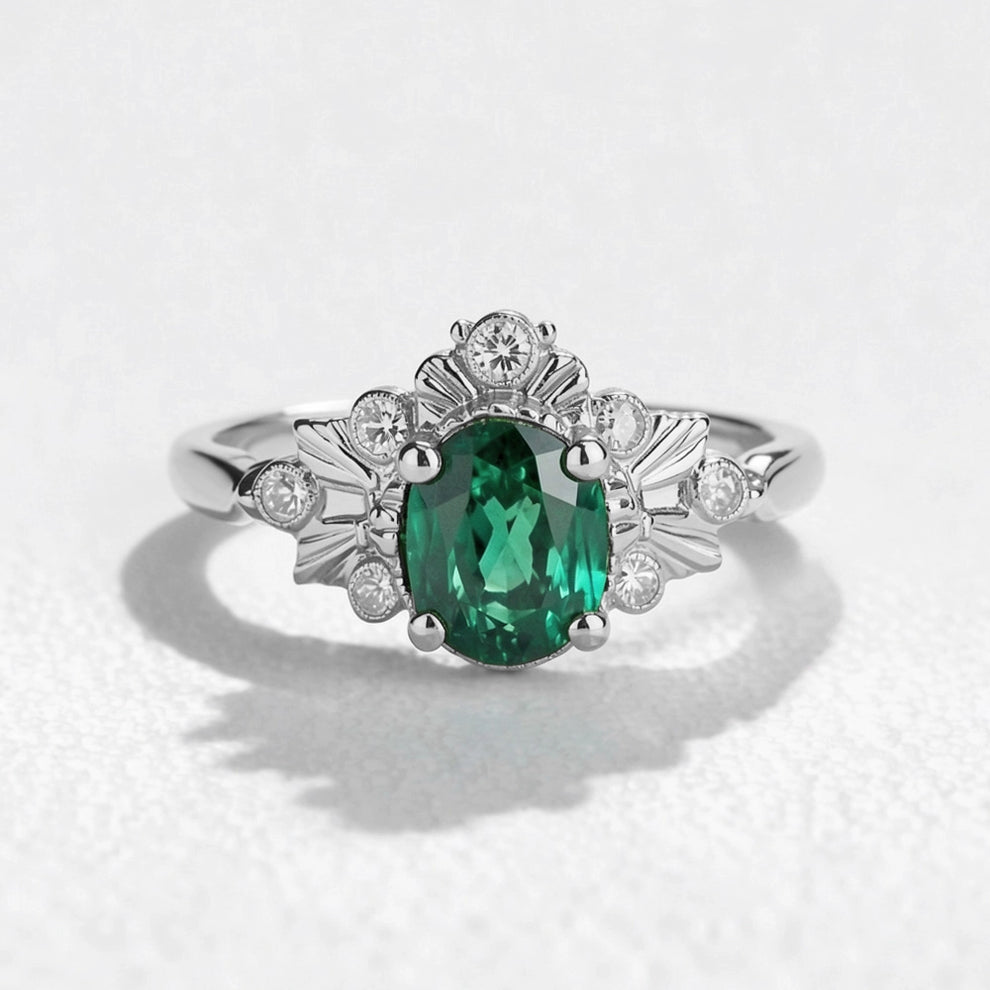 Isolde’s Willow | Vintage Oval Natural Emerald Engagement Ring.