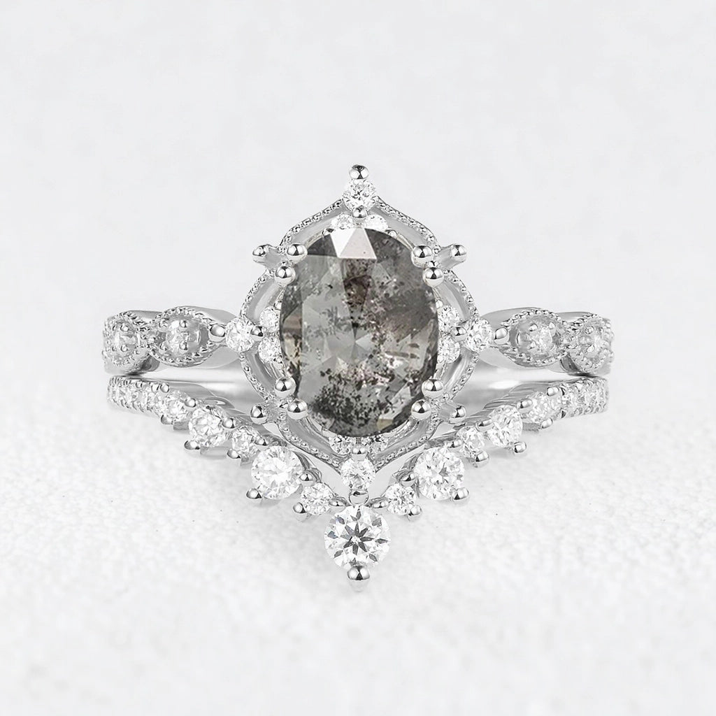 Charlotte’s Grace | 1.5CT Oval Salt & Pepper Diamond Vintage Bridal Set 2pcs