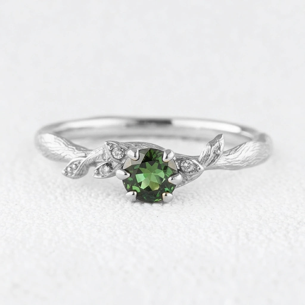 Fairy Glen | Teal Sapphire Engagement Ring with Leaf Band