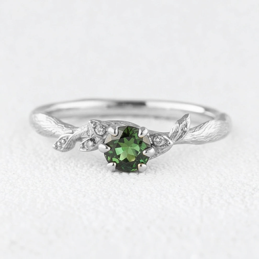 Fairy Glen | Teal Sapphire Engagement Ring with Leaf Band