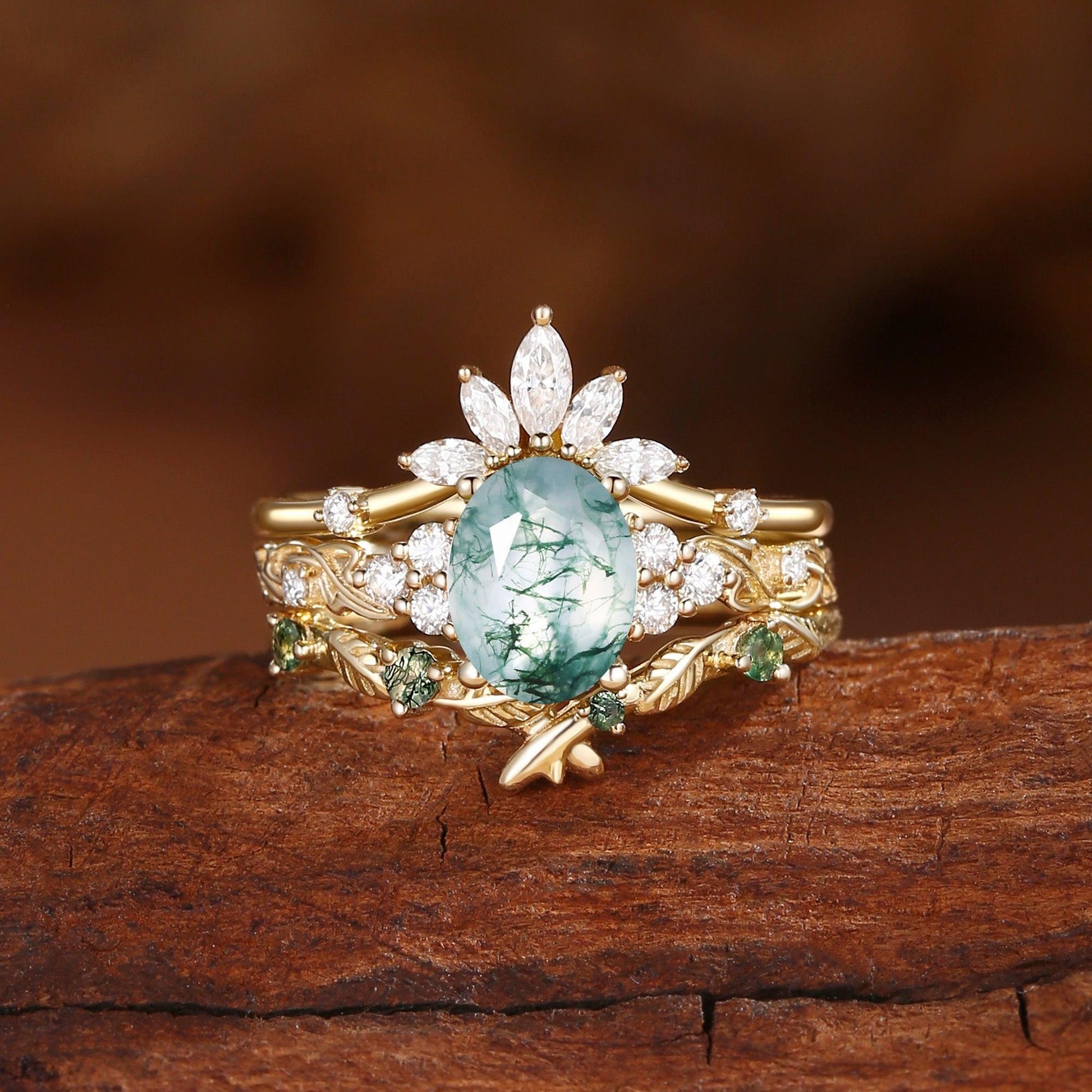 Nature Inspired Oval Cut Moss Agate Cluster Leafy Bridal Set.