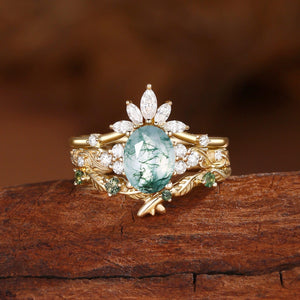 Nature Inspired Oval Cut Moss Agate Cluster Leafy Bridal Set.