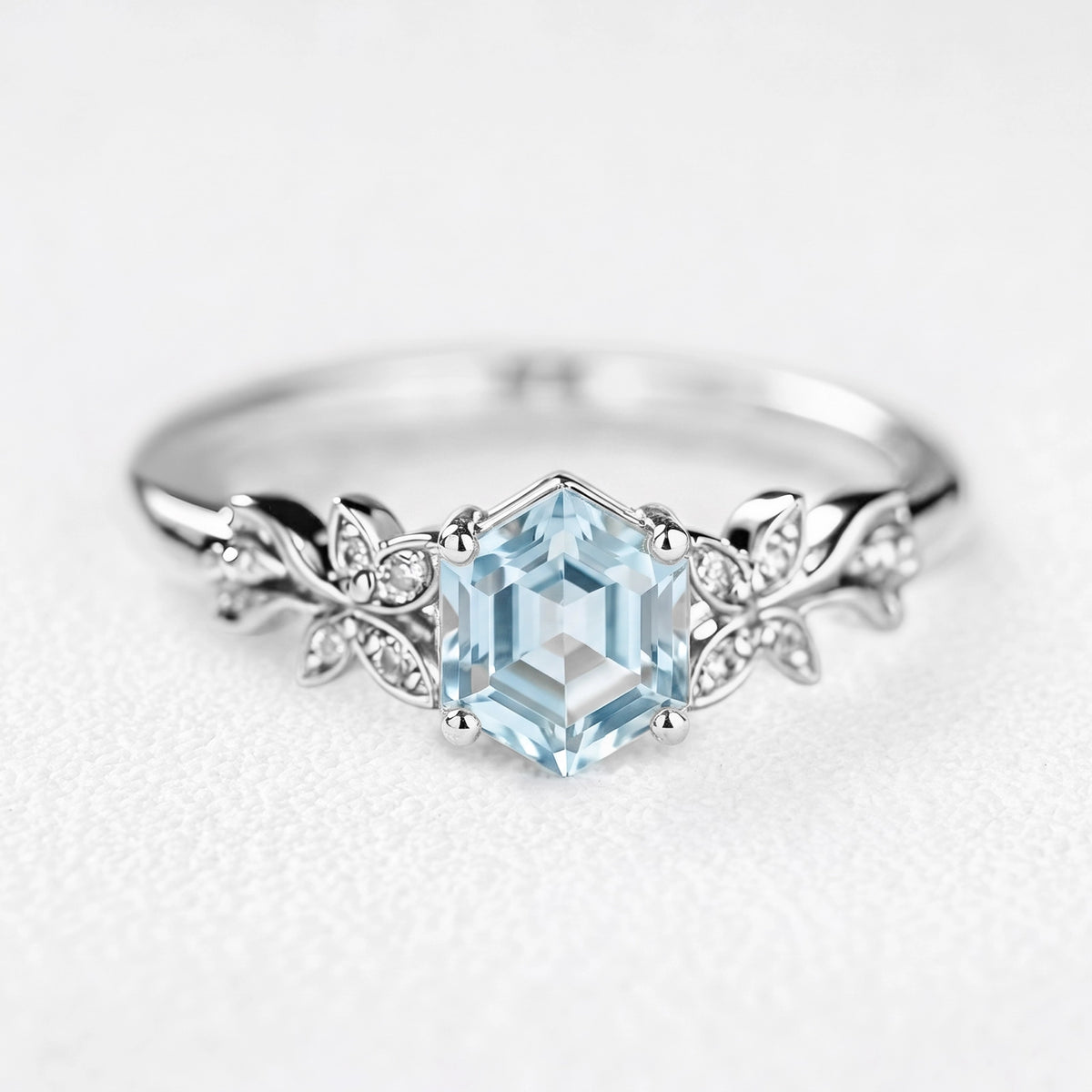 Marina’s Foliage | Hexagon Blue Aquamarine Botanical Engagement Ring