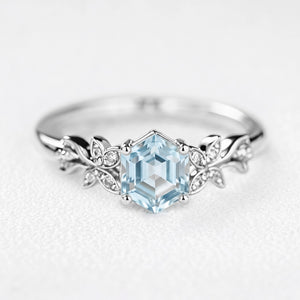 Marina’s Foliage | Hexagon Blue Aquamarine Botanical Engagement Ring