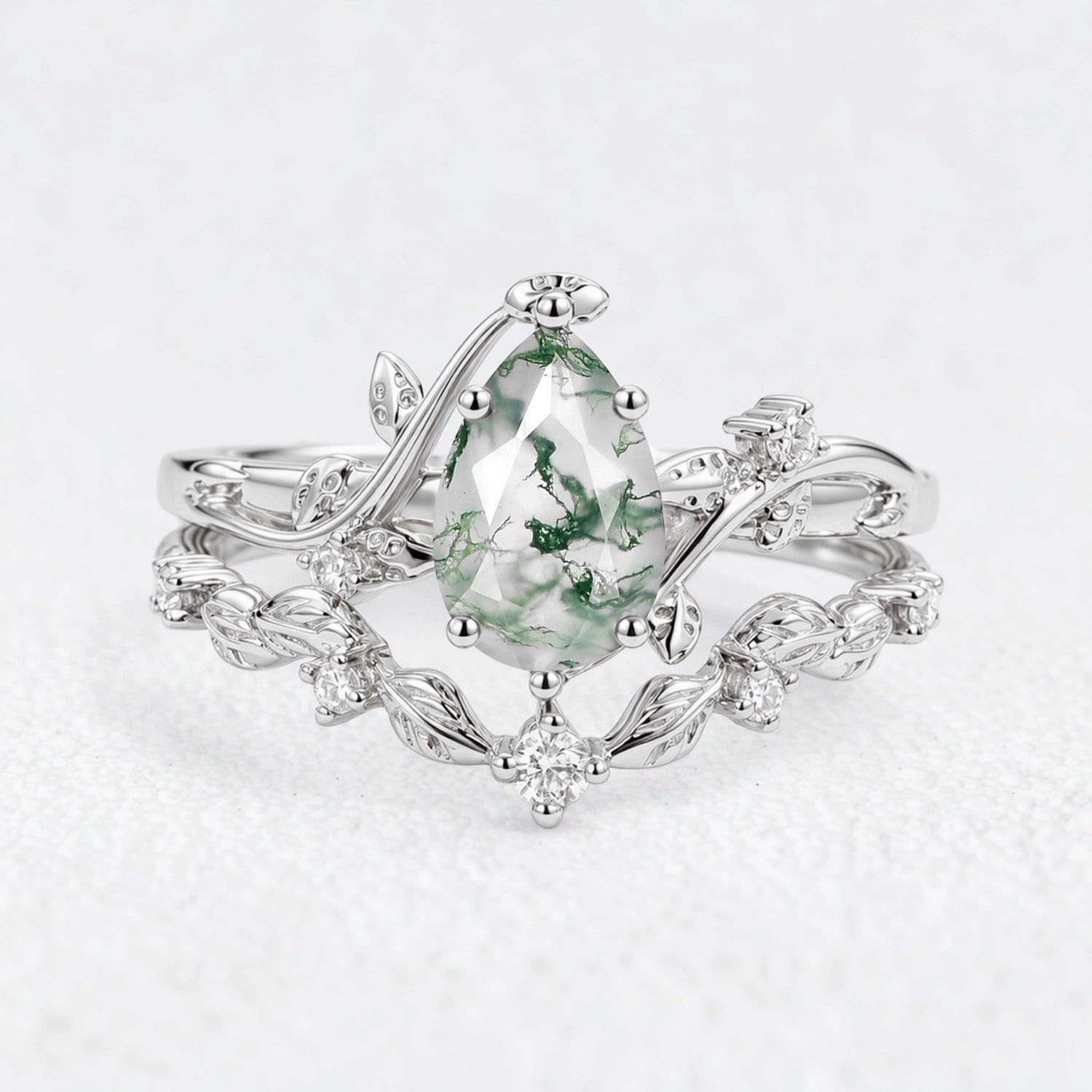 Hazel‘s Tangle | Pear Cut Moss Agate Vine Bridal Duo