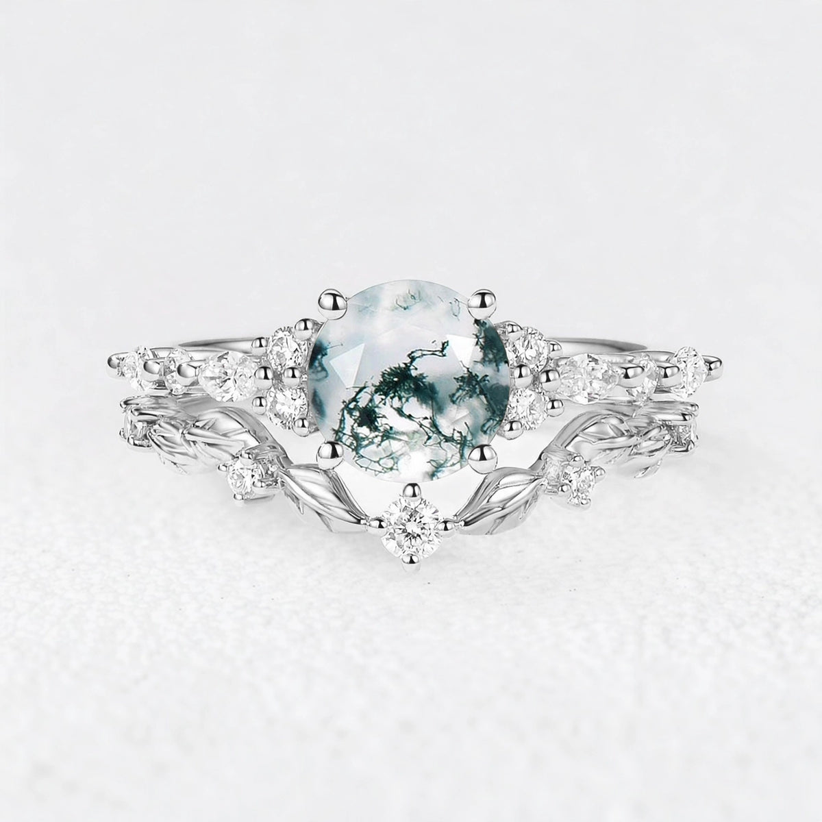 Isadora’s Verdant | Round Moss Agate Vine Engagement Bridal Set 2pcs