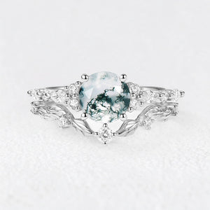 Isadora’s Verdant | Round Moss Agate Vine Engagement Bridal Set 2pcs